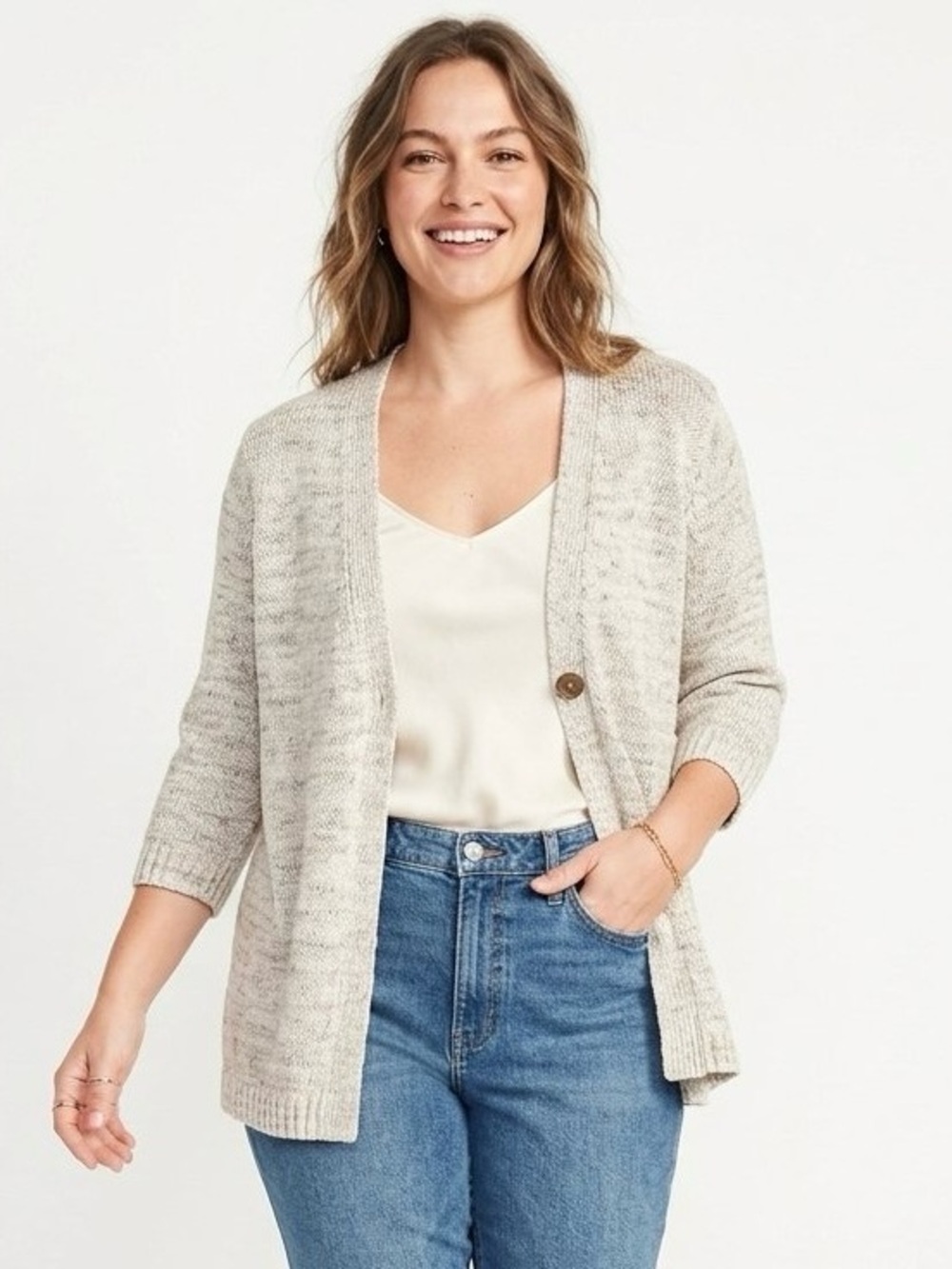 J. Jill Light Cream Marbled Multicolor Open-Front Knit Cardigan